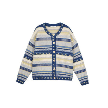 Getadme-Autumn Vintage Cardigan Sweater Blue Long Sleeve Sweater Coat V-neck Casual Knitted Jumpers Womens Korean Style Clothes